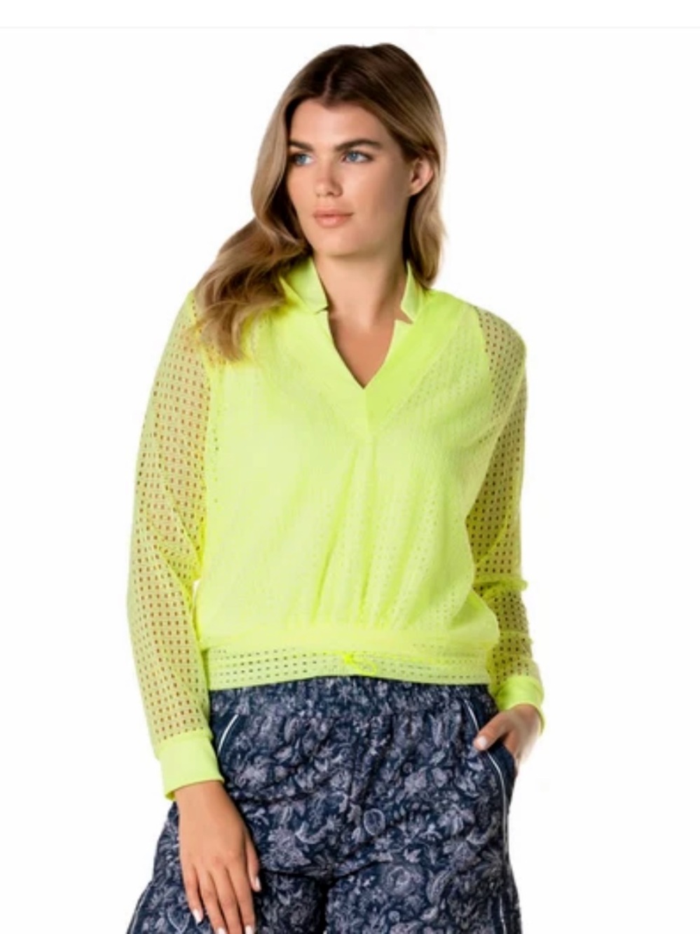 Lucky in Love Neon Yellow Mesh V-Neck Tres Chic Golf Tennis Pullover Top M NWT